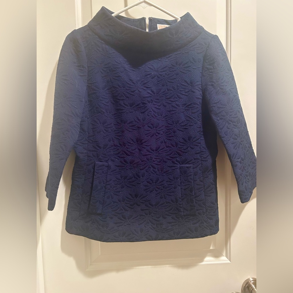 Michael Kors Navy Blue Floral Textured Top With Pockets, Zip Back 4P
